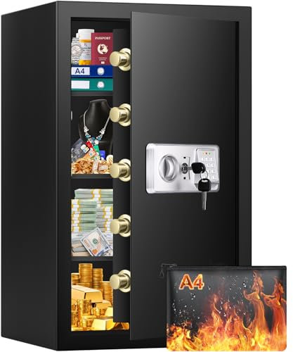 Mejasg 105L Extra Großer Safe Tresor Feuerfest mit Feuerfeste Dokumententasche&3 Herausnehmbares Regal, Robuster Möbeltresor mit Alarmanlage, Schranktresor für Zuhause Bargeld Medikamente A4 Dokumente