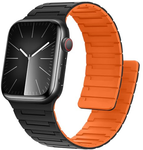 Bisikor Compatible con Apple Watch Correa 42mm 41mm 40mm 38mm Correas Magnética de Silicona Suave Deportiva para iWatch SE Series 10 9 8 7 6 5 4 3 2 1 (Negro/Naranja)