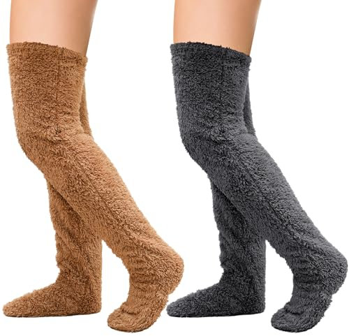 Zuimei 2 Pairs Over Knee High Fuzzy Leg Warmers Plush Slipper Stockings Warm Socks Winter Furry Long Leg Warmers for Women Ladies Thermal Home Sleeping Socks