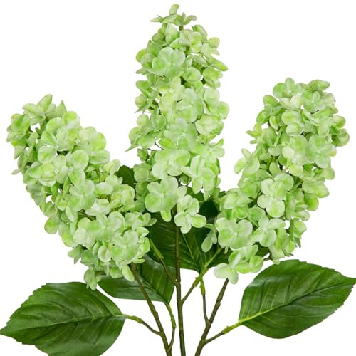 Briful 24.8 Artificial Hydrangea Flowers Real Touch Panicled Hydrangea Stems, 3PCS Green Artificial Flowers Faux Cone Hydrangeas for Tall Vase, Home Décor, Floral Arrangements