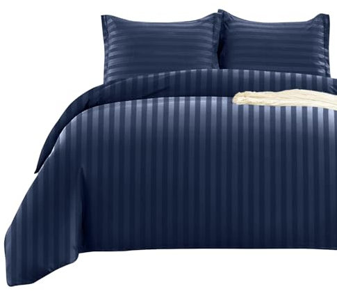 BedLooms Double Duvet Set Soft Reversible Satin Stripes Duvet Cover Breathable Microfiber Bedding Set with 2 Pillow Cases (Stripe Navy, 200x200 cm)