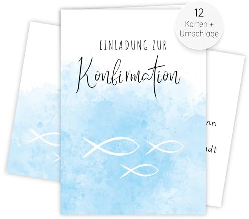 møij 12x EINLADUNGSKARTEN + Umschläge zur Konfirmation, DIN A6, zum Ausfüllen für Mädchen und Jungen (Blau)