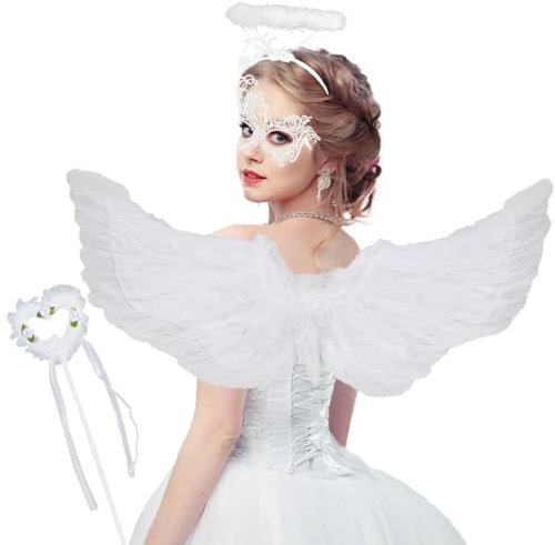 MUNSKT Alas de Angel Blanco y Halo con Varita de Hada, Disfraz de Angel Blanco con Máscara de Ojos de Encaje Sexy, Adolescente Adulto Alas de Angel para Navidad Halloween Fiesta de Cumpleaños