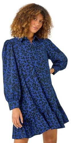 Roman Originals Shirt Dress for Women UK- Ladies Long Sleeve Belted Collared Midi Maxi Winter Autumn Smart Casual Button Through Evening Office A Line Swing Skater - Blue Black - Size 14