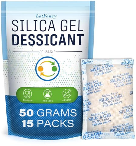 LotFancy 15 Sachets 50g Déshydratant gel de silice réutilisable Absorbeur d'humidité pour penderies, valises, caves avec indicateur de couleur Silicagel Déshumidificateurs