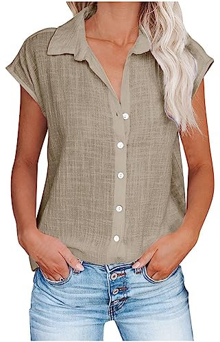 Keepink Women Linen Shirt Cap Sleeve V Neck Button Down Shirts Loose Dressy Casual Blouses Elegant Collared Tops Work Office Blouse Ladies Summer Top Going Out T-Shirts Large