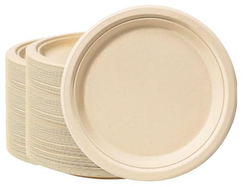 AIBULO 9-Inch Bagasse Plates – 100 Pack Eco-Friendly Sugarcane Dinnerware | Sturdy, Biodegradable Disposable Plates for Events, Picnics, Parties & Catering | Freezer & Microwave Safe