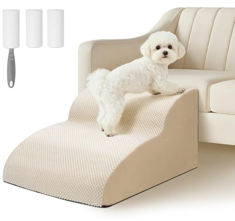 Ezvsevuo Hundetreppe für Kleine Hunde, 2 Stufen Haustiertreppe für Couch aus Hochdichtem Schwamm, Hunderampe aus Schwamm für Sofa Bett, Hunde Treppen mit Abnehmbarer Bezug, Senden Fusselrolle, Beige