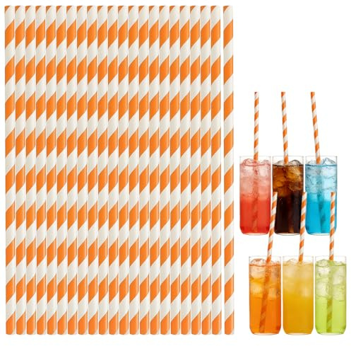 Orange Striped Paper Drinking Straws 100 Pack, Disposable Party Straws for Juice, Cocktails Soft Drinks Decorative Straws for Birthday, Halloween, Wedding Party