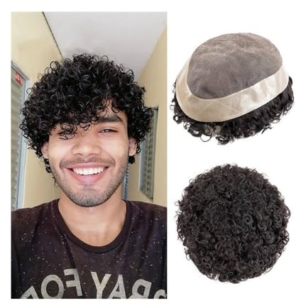 Für Männer 20 mm lockiges Toupet for Männer, Mono-Oberteil mit PU-Haut um Echthaar, männliche Haarprothese Perückenkopf(#1B,8x11)
