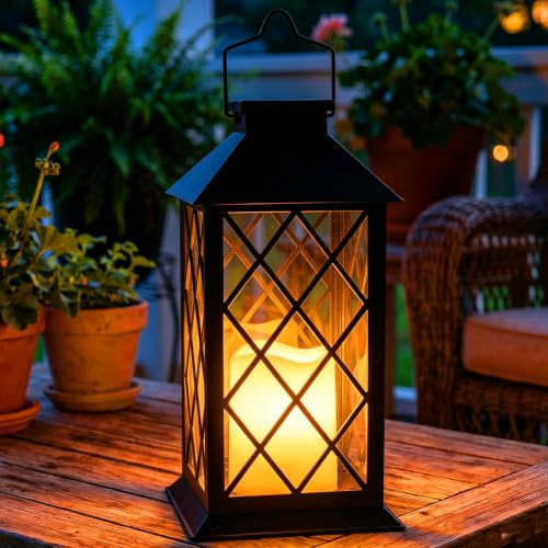 Dekofun 35cm Solarlaterne für Außen, 1 Stück, Schwarz | Mit Flammeneffekt, Hängend & Stehend Nutzbar, IP65 Wasserdicht mit Sicherheitsglas für Garten, Balkon, Terrasse, Draußen Deko