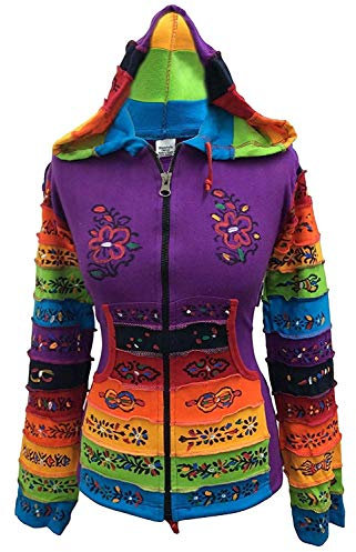 SHOPOHOLIC FASHION Giacca da Festival Hippie con Cappuccio e Toppa a Forma di Fiore con Maniche Arcobaleno da Donna - Viola, S