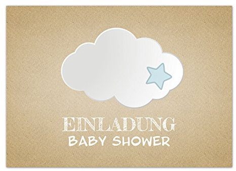 8 x Einladung Baby Shower Party/Einladungskarten mit Umschlag im Set/Motiv: Karton Look mit Wolke Blau/Junge/Babyparty Karte/Postkarte /