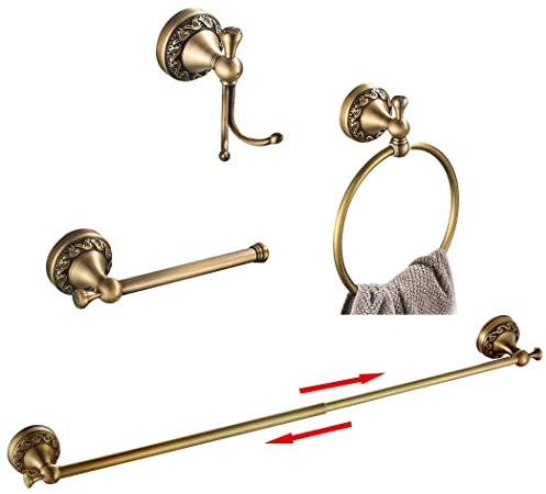 BATHSIR Set di portasciugamani in ottone antico, accessori da bagno regolabili includono porta asciugamani espandibile porta carta igienica anello asciugamano gancio accappatoio stile retrò intagliato