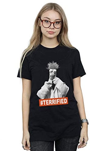 Disney Women's The Muppets Beaker Terrified Boyfriend Fit T-Shirt Black Large
