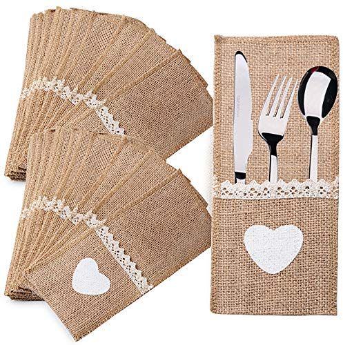 FLOFIA 40 Stück Jute Bestecktaschen Spitze Besteck Sackleinen Vintage Besteckbeutel Besteckhalter für Hochzeit Geburtstag Party Messer Gabeln Sackleinen