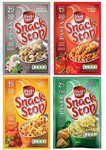 Mug Shot Snack Stop 4 Pack Bundle. 4 Flavours. 1 of Each: Tomato Pasta; Cheese Pasta; Sweet & Sour Noodles; Chicken Mushroom Pasta 5 Minute Mug Meal