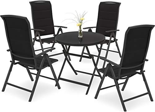 BRUBAKER Garten Sitzgruppe Milano - 1 Glastisch Klapptisch rund 70 cm Ø mit 4 Hochlehner Stühlen - Aluminium - Wetterfest - Anthrazit