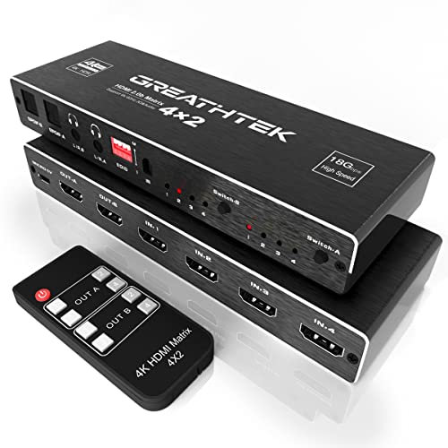HDMI Matrix 4x2 4K@60Hz HDMI Splitter 4 In 2 Out HDMI Switch 3D mit IR-Fernbedienung Audio Extractor EDID HDR Dolby Vision LPCM SPDIF 5.1CH & Optisch, L/R 3,5mm Ausgang, HDMI2.0 RGB 8:8:8 HDCP2.2
