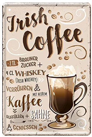 helges-shop Irish Coffee Blechschild - Retro Deko Kaffee Espresso Schild - Metallschild zur Dekoration von Küche Kaffeeladen American Cafe Diner Bistro - Anleitung Rezept Zubereitung - 20x30cm
