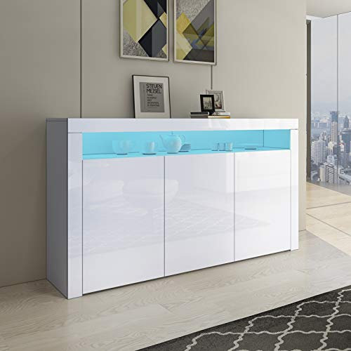 Senvoziii LED Sideboard Storage Cabinet Cupboard Unit 3 Doors with Open Case High Gloss TV Stand Unit for Dining Room Living Room (White)