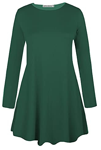 janisramone® Womens Mini Dress, Plain A Line Flared Skater Dress, Stretchy Summer Swing Mini Top, Casual Round Neck Long Sleeve Dresses for Women UK, Ladies Party Wear Bottle Green