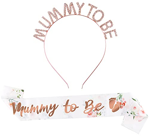 2 Stk Baby Shower Deko Set Mummy To Be Schärpe mit Haarreif Baby Shower Partydeko Babydusche Haarband Schwangerschaft Dekoration für Schwangere Werdende Mutter Geschenk Babyparty Deko (rosegold)