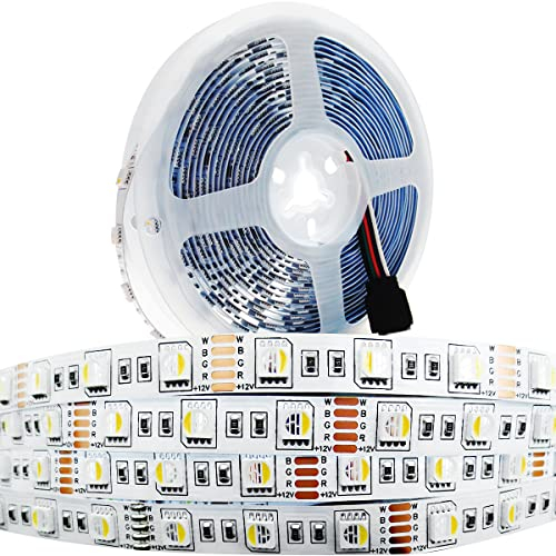 Tesfish 12V LED Streifen Licht, 4 in 1, RGBWW RGB + Warmweiß 3000K 5M Mischfarben Strip Lichtband SMD 5050 IP20 300 LEDs Band Lichtleiste Leiste für Schlafzimmer, Küche Dekoration