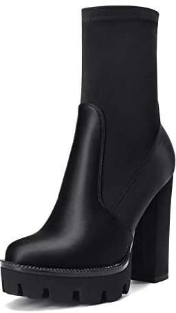 NobleOnly Donna Chunky Blocco Alto High Tacco Heel Piattaforma Rotonda Punta Stivaletti Cerniera da Matrimonio Feste Sexy Stivali Nero Raso 37 EU