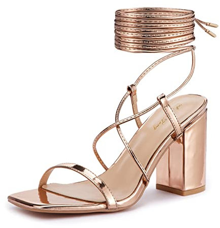 Zhabtuc Sandali con Tacco Alto da Donna 8CM con Cinturino Allacciato e Tacco Largo con Punta Quadrata Aperta per Appuntamenti di Ballo di Fine Anno, oro rosa B, 39 EU