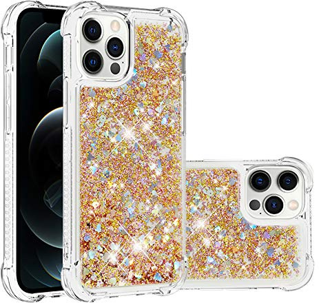 IMIRST Silikon Handy Hülle für Apple iPhone 12 Pro, Ecke Airbag Fallschutz Glitzer Treibsand Stoßfest Handyhülle TPU Bumper Sparkle Case für Apple iPhone 12 Pro. YBW Love Gold