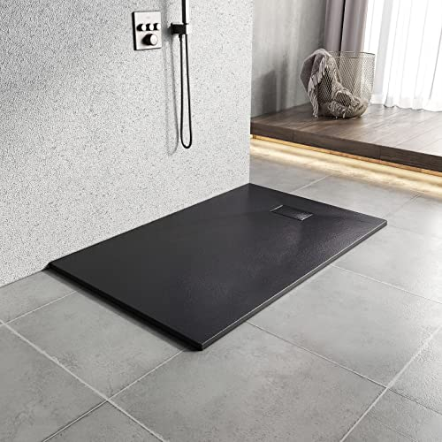 Heilmetz Duschwanne 140x90cm Flach Duschtasse Höhe 2.6 cm Brausewanne Steinoptik Antirutsch SMC Duschtasse, Ø 90mm Ablauföffnung -Schwarz (ohne Siphon)
