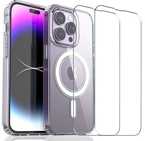 TECHGEAR iPhone 14 Pro Magnetic Case [Fusion HD] + 2 Pack Glass Screen Protector, Shockproof, Anti-Scratch, Drop Protection, Gel Bumper & Clear Hard Back Compatible with MagSafe Case for iPhone 14 Pro