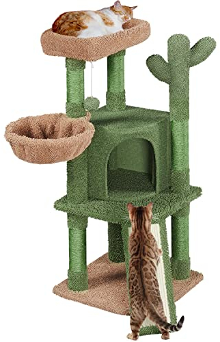 Yaheetech kratzbaum Kaktus Höhe 106,5 cm, Stabiler Katzenbaum Kletterbaum mit Aussichtsplattform Katzenhöhle Liegemulde Sisalstämme Grün/Braun