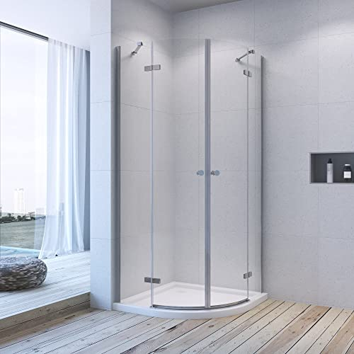 Viertelkreis Duschkabine Runddusche 90 x 90cm mit Drehtüren Eckeinstieg mit Nanobeschichtung Duschabtrennung Duschwand Dusche Radius 55cm aus 6mm ESG Glas Höhe 195cm Klarglas matt silber rahmenlos