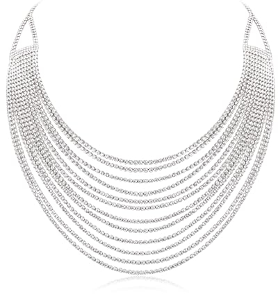 EVER FAITH Mehrschichtige klobige Halskette, Glitter Klar Silber-Ton Strass Wasserfall Mehrstrang Multi-Strand Ketten Statement Lätzchen Halskette lange Kette Modeschmuck