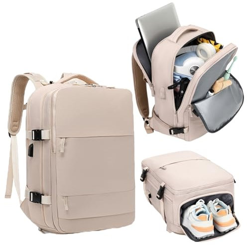 Mi Ko Mi Ka Mochila de Viaje Grande: Resistente al Agua, con Compartimento para Zapatos Separado, Puerto de Carga USB y Diseño Multifuncional Antirrobo. 2210 (Beige)