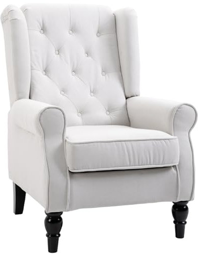 HOMCOM Poltrona per Salotto in Stile Francese con Ampia Seduta, Poltroncina in Tessuto con Gambe in Legno e Cuscino, 74x86x102 cm, Bianco