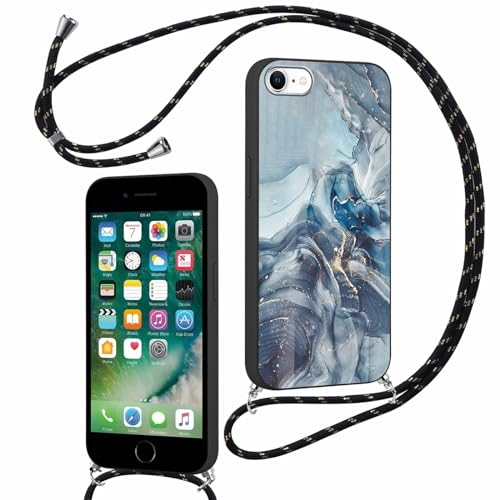 ZhuoFan Handykette für iPhone 8/7/iPhone SE 2022/2020 Hülle mit Band, Aesthetic Marmor Muster Verstellbarer Halskette mit Kordel zum umhängen, Silikon Stoßfest Schutzhülle mit Kette, Schwarz