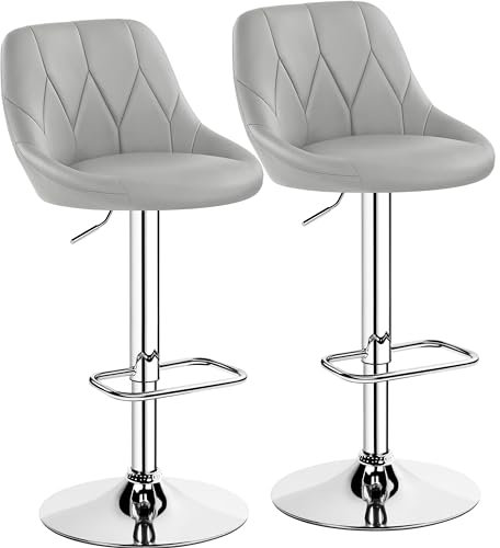 Yaheetech Lot de 2 Tabourets de Bar en Similicuir Hauteur Réglable de 86 cm à 107,5 cm Chaises de Bar Assise Pivotante Repose-Pied Carré Tabourets Hauts Cadre Métallique Galvanisé Gris Clair