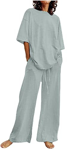 Generisch 2-teiliges Set für Damen zum Ausgehen, 2-teiliges Sommer-Outfit, lässige lockere Bluse, Tops und Hose mit weitem Bein, einfarbig, Baumwollleinen, 2-teiliges Set, grau, 54