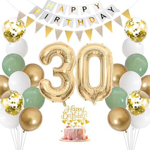 30. Geburtstag Deko Salbeigrüne - Luftballon für Männer und Frauen, Ballon Grün Weiß Gold, Zahl 30 Folienballon, Tortendeko für Dekoration