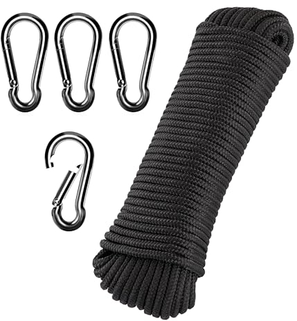 20M Cuerda Trenzada Nylon,4 Ganchos para Mosquetón,Cordón de Cuerda de Algodón Cuerda Multiusos,Cuerda Trenzada Grueso para Atar Nudos para Manualidades,Colgando,Jardín,Cuerda de Camping (Negro)