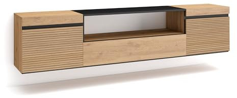Skraut Home | Meuble TV | Banc Télé | Grand Espace de Rangement | 200x45x35cm | pour Les TV jusqu'à 80 | Suspendu, Mural | Style Moderne | Chêne