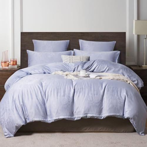 YASMENG Satin Bettwäsche 220x240 Blau Hellblau Blumen Jacquard Bettwäsche Satin Glänzend Luxus Bettbezug Set Weich Seidig Seide Bettwäsche 3 Teilig mit Reißverschluss und 2 Kissenbezüge 80x80 cm