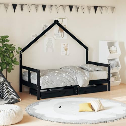 Hommdiy Kinderbett, Kinder Bettgestell mit Schubladen, Hausbett für Kleinkinder ab 4 Jahren, Einzelbett Kinder Jugendbett Holzbett Stil C,80 x 160 cm,Schwarz
