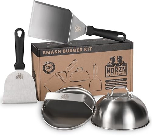 Smash Burger Set – Burger Smasher Set inkl. Hamburgerpresse, Burgerglocke Edelstahl 304, Grillspachtel Edelstahl Plancha Smashed Burger Presse, Smashburger Set, EU-lebensmittelecht, 10 Jahre Garantie