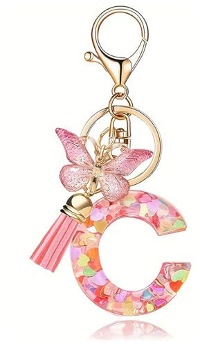 Zeayebsr Porte-clés avec initiales pour filles et femmes, rose, mignon papillon en forme de cœur, pour sac à dos, cartable,porte clé femme,porte clef femme,Porte-clés rose lettre C