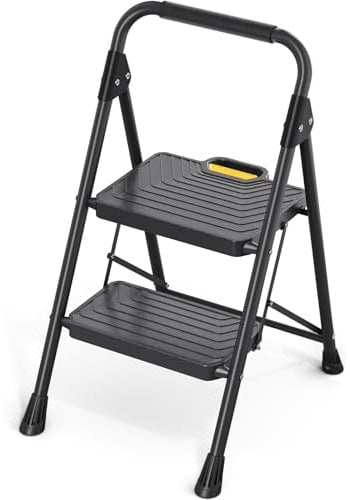 KINGRACK 2 Step Ladder, Sturdy Steel Step Stool with Anti-Slip Wide Pedals, Handrail, Safe-Lock Design, Pass 800lbs Load Testing, Folding Portable Ladder for Multi-Purpose, Home, Kitchen, Black