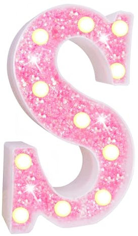 LED Marquee Letter Lights Sign, Light Up Pink Glitter Alphabet Sign Battery Powered for Night Light, Birthday Party, Wedding, Girls Gifts, Home Bar, Christmas Decoration, Pink Letter S
